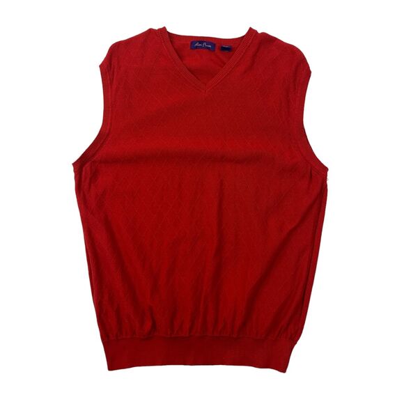 Alan Flusser Sweater Vest Mens XL Extra Large Red V Neck Cotton Diamond Jacquard - Picture 1 of 10